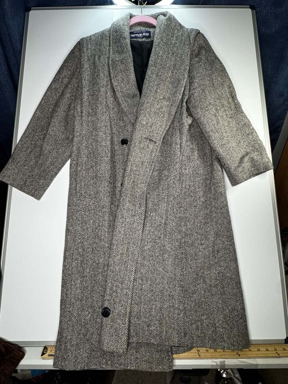Herman Kay Petite Herringbone Wool Coat Black White